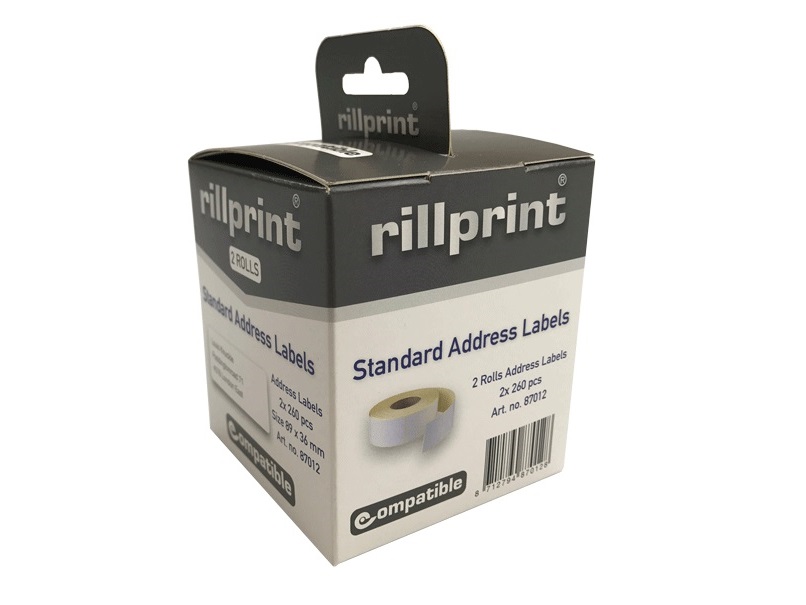 Dymo 99012 compatible labels, 89x36mm in de kleur wit. 260 etiketten per rol. Verpakt in een doos à 2 rollen.